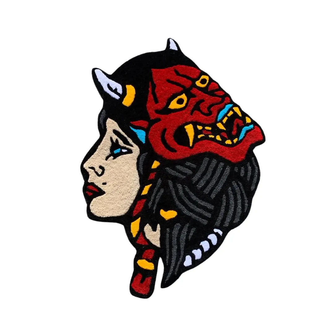 Dual Spirit Rug Dual Spirit Rug featuring tattoo-inspired woman and demon mask design – hand-tufted wool rug by Sneagear