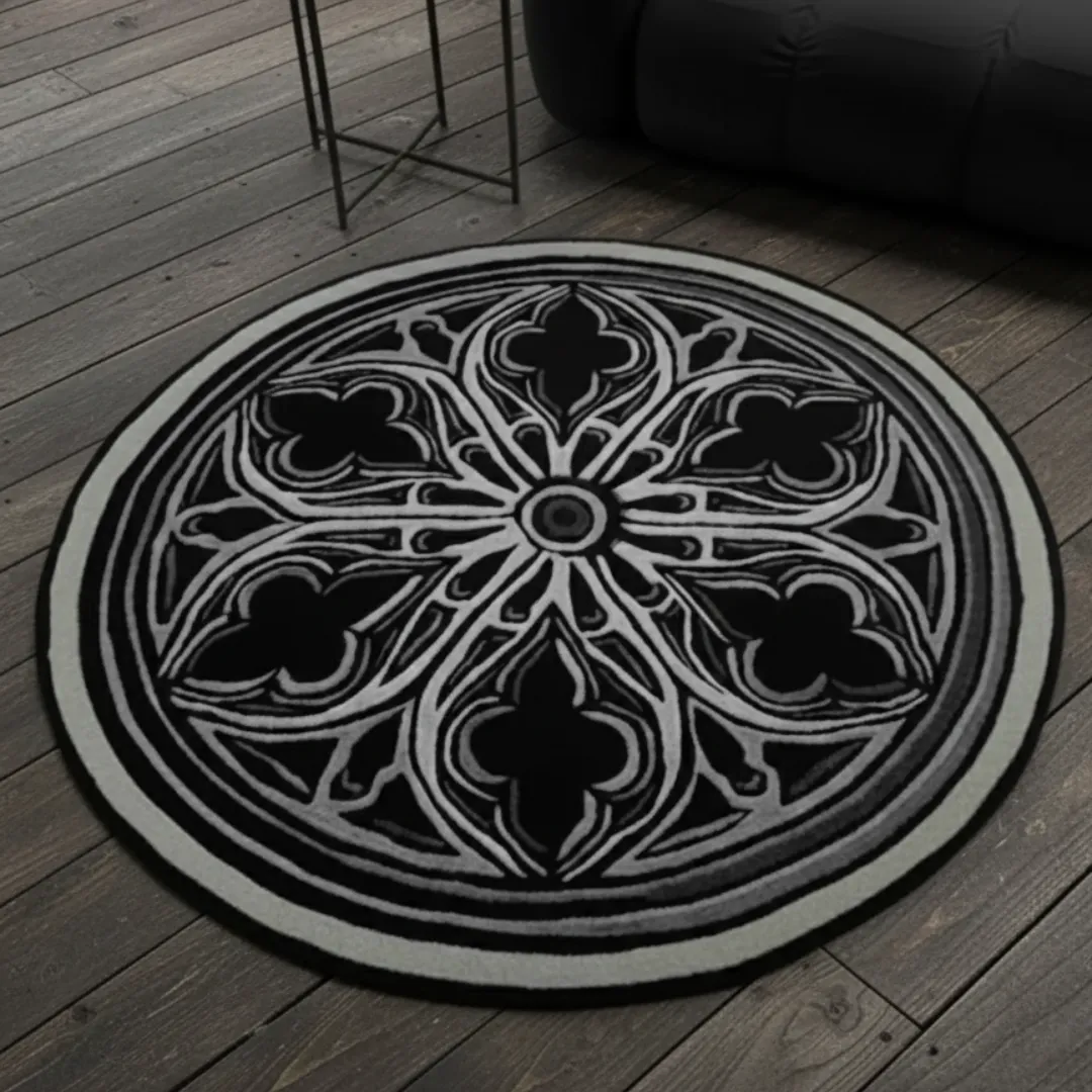 Eclipse Halo Tattoo Rug Eclipse Halo Rug featuring gothic circular pattern in black and grey – hand-tufted wool rug by Sneagear