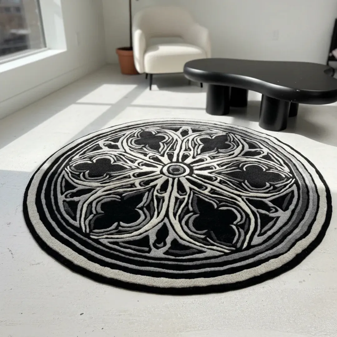 Eclipse Rug Handmade wool rug with black and white halo pattern – Eclipse Halo Round Rug