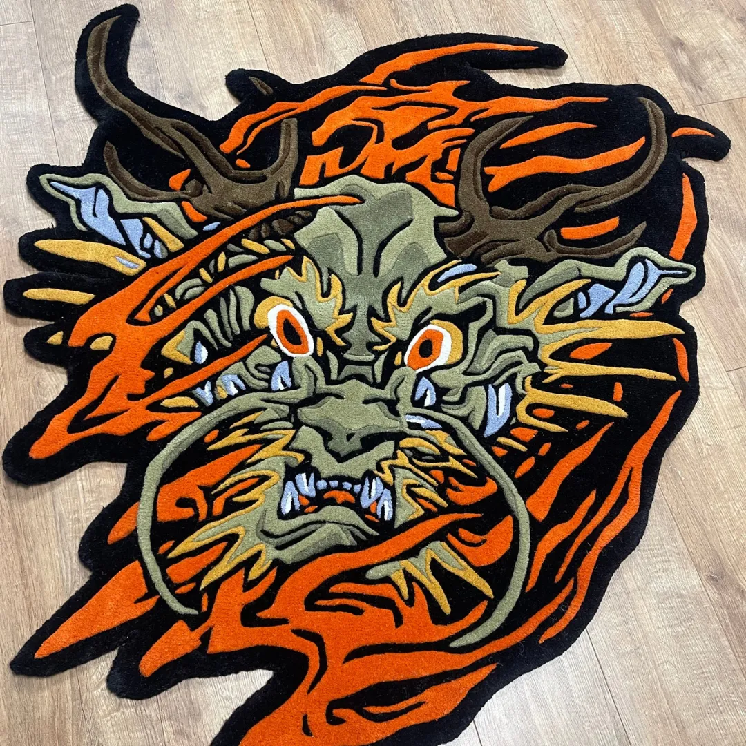 Hellfire Rug Tattoo-inspired dragon rug with flame pattern and bold linework – Hellfire Spirit Inked Rug