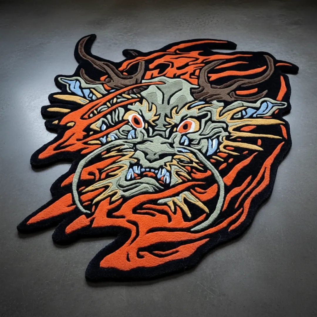 Hellfire Spirit Tattoo Rug Hellfire Spirit Rug featuring fierce dragon tattoo design in fiery orange and black – hand-tufted wool rug by Sneagear