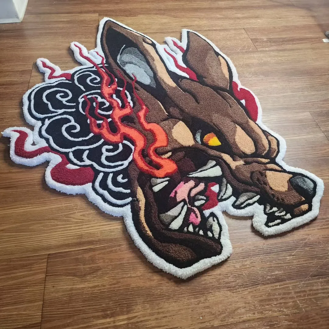 Inferno Fang Rug Inferno Fang Rug featuring fiery wolf tattoo design – hand-tufted wool rug by Sneagear