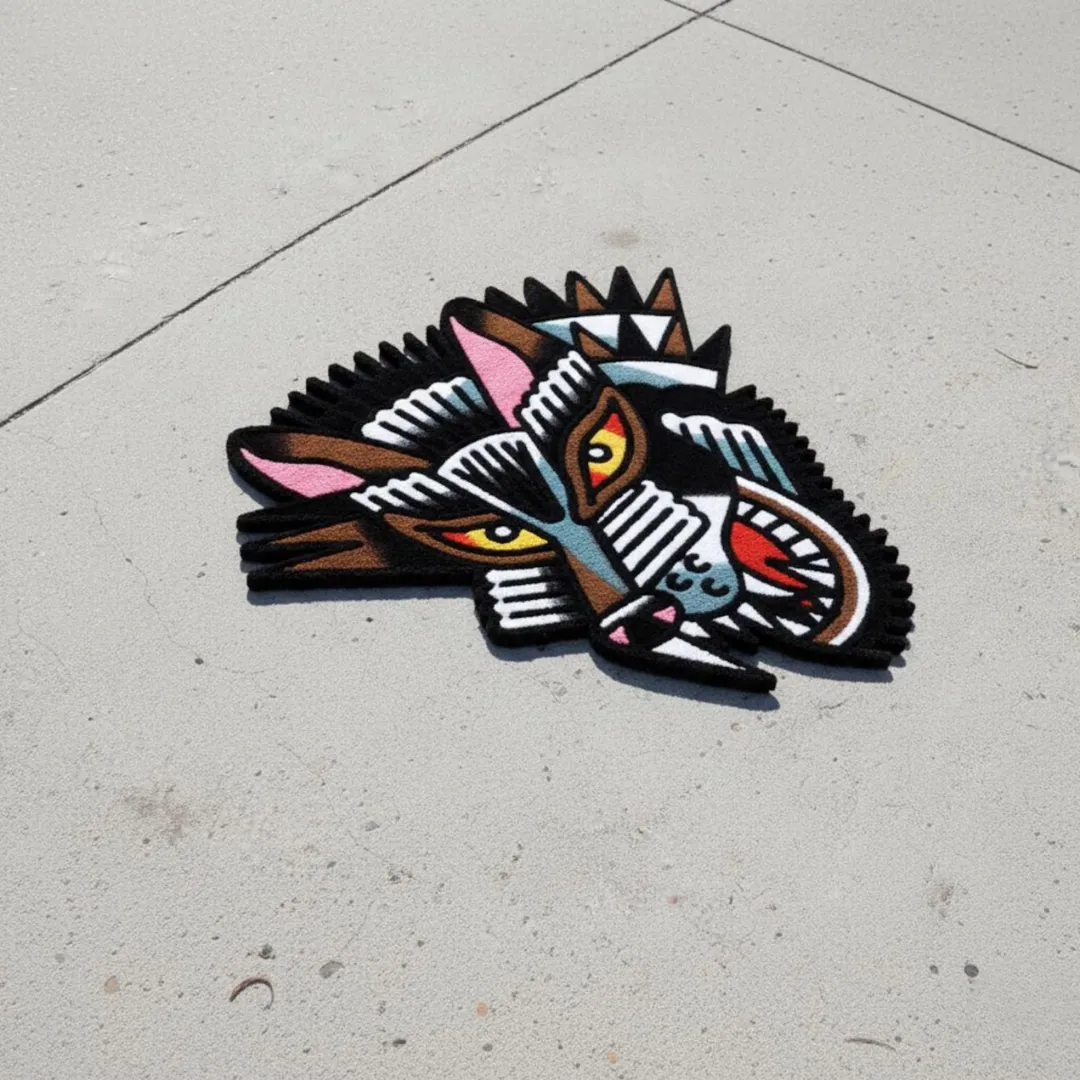 Lunar Rug Hand-tufted wool rug showcasing tattoo-style wolf face – Lunar Wolf Rug by Sneagear