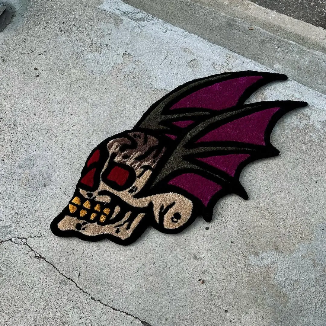 Mirage Rug Hand-tufted wool rug showcasing dark skull design – Crimson Mirage Rug by Sneagear