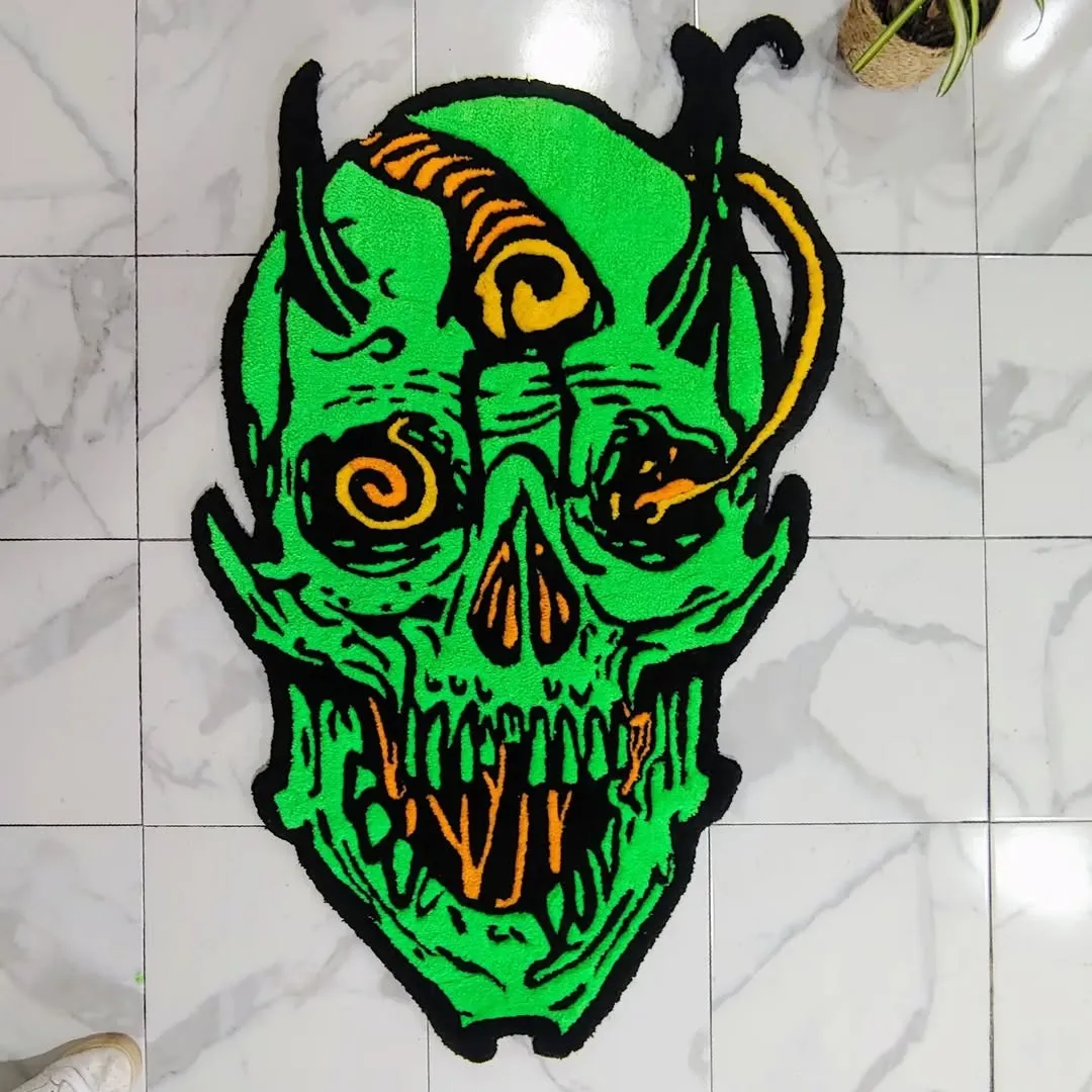 Neon Rot Rug Neon Rot Rug featuring a bright green demonic skull with orange spiral eyes – hand-tufted horror art rug by Sneagear