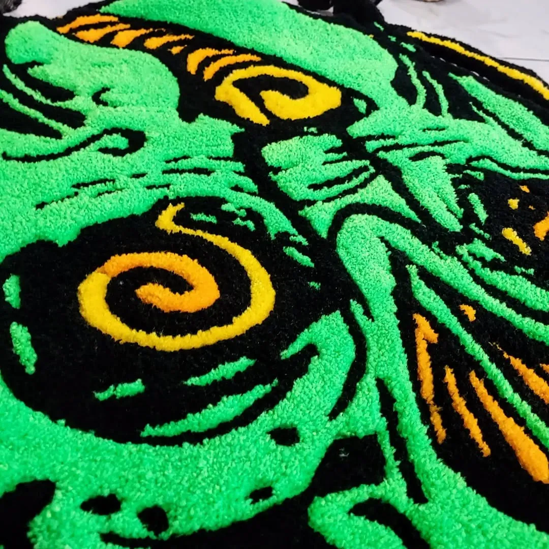Neon Rot Tattoo Rug Psychedelic green skull rug – Neon Rot hand-tufted area rug with bold black and orange accents