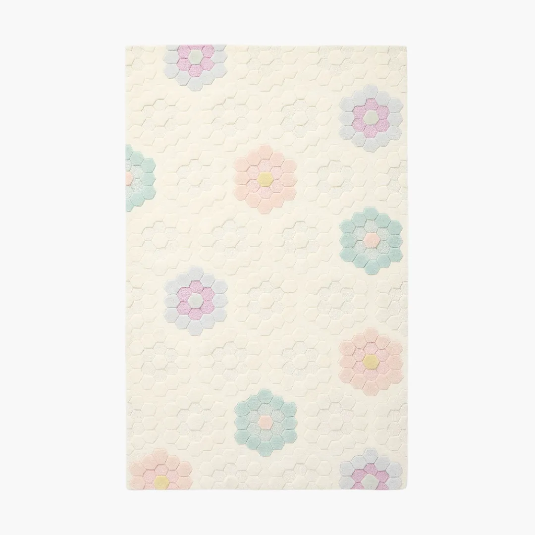Pollen Prism Rug Pollen Prism Rug featuring hand-tufted pastel floral hexagon patterns on a cream base – handmade wool rug by Sneagear