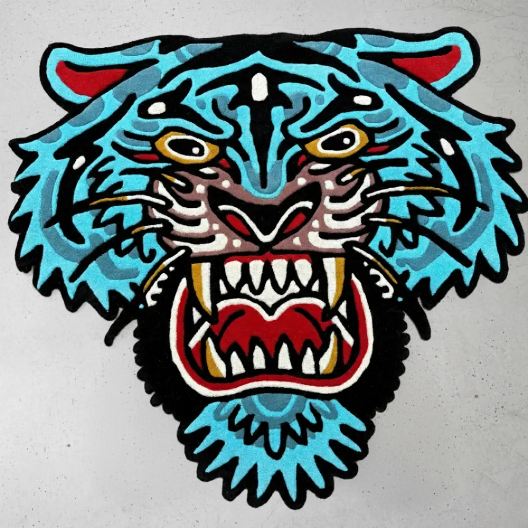 Rebellion Blue Tattoo Rug Rebellion Blue Rug featuring fierce tiger tattoo design – hand-tufted wool rug by Sneagear
