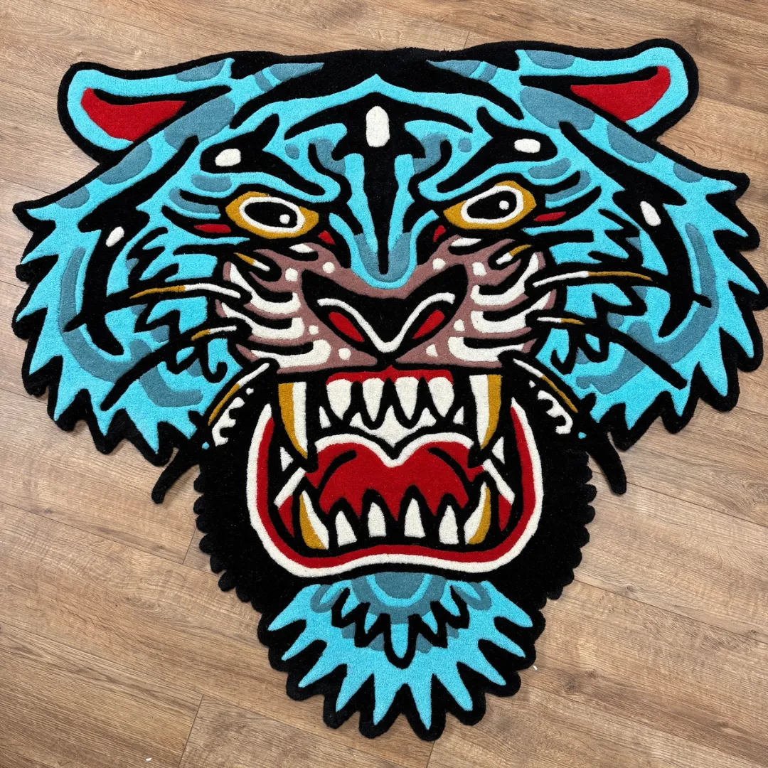 Rebellion Rug Tattoo-inspired tiger face rug with striking blue and red tones – Rebellion Blue Inked Rug