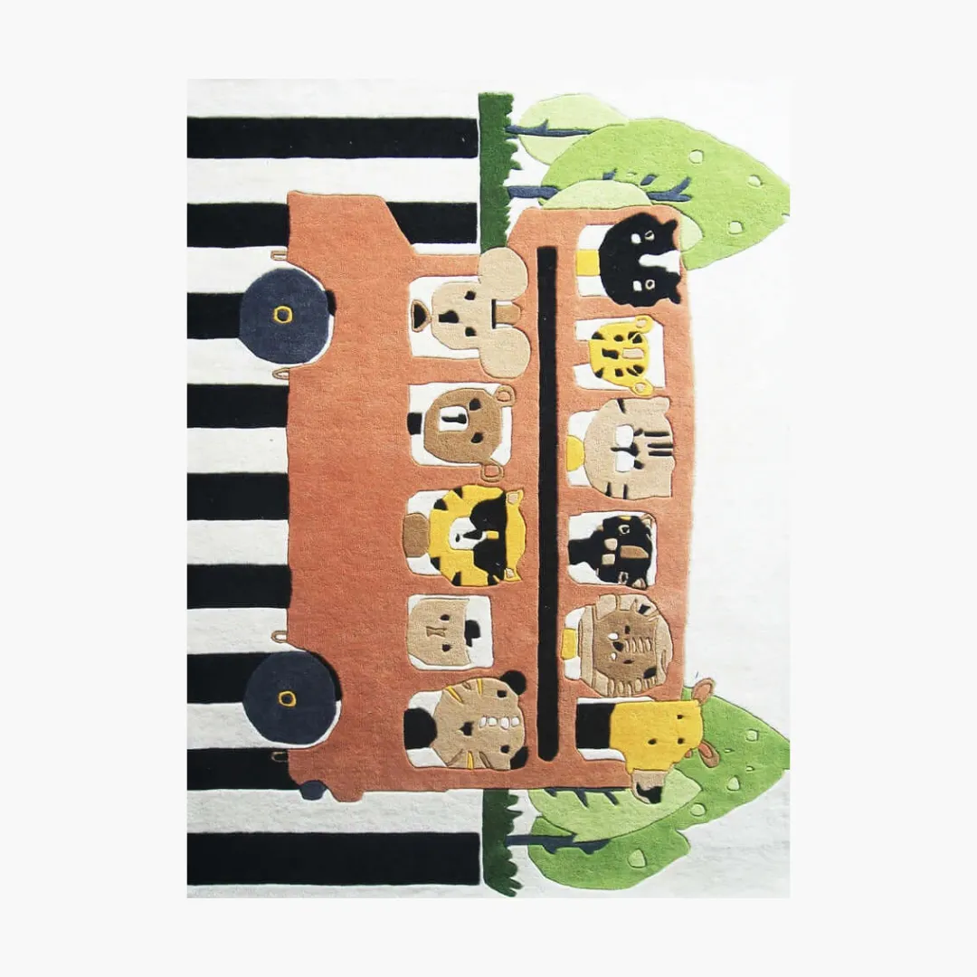 Safari Ride Rug Safari Ride Rug featuring playful animal characters on a safari bus – hand-tufted wool rug by Sneagear