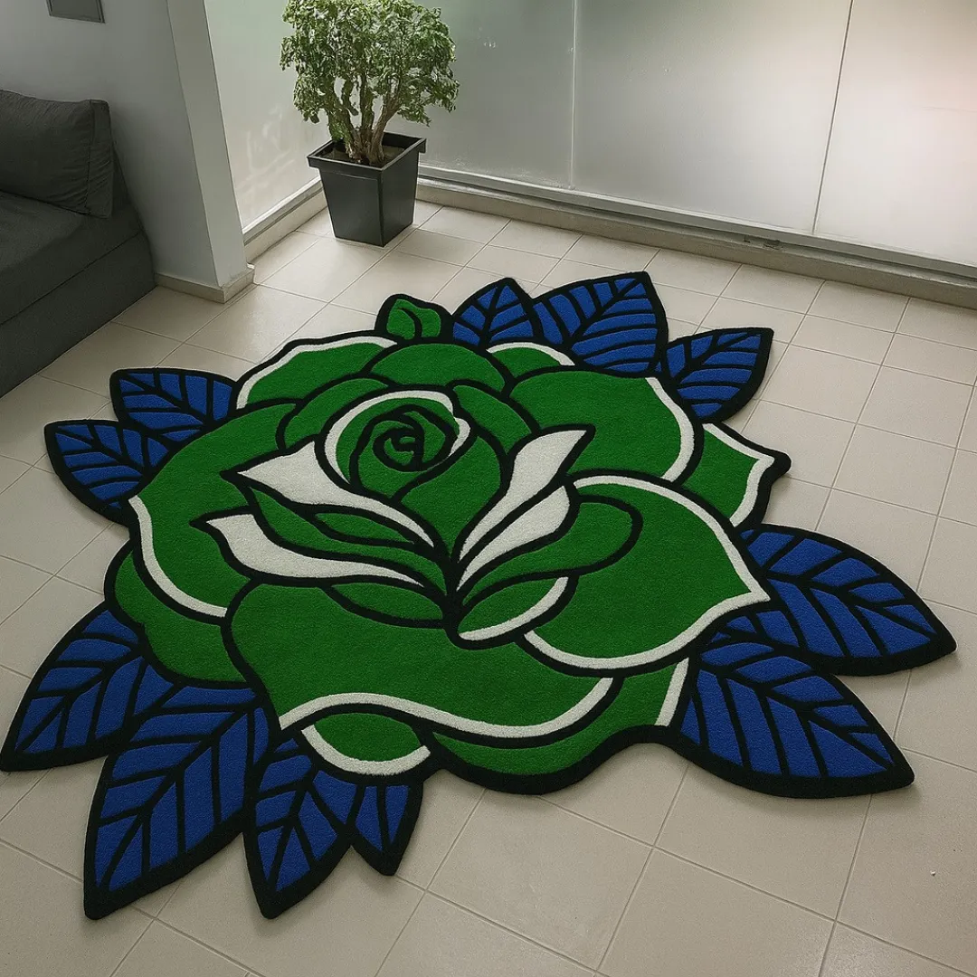 Sage Thorne Rug Sage Thorne Rug featuring a bold green and white rose design with deep blue leaves – hand-tufted floral rug by Sneagear