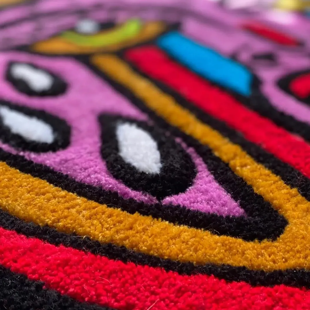 Silent Rug Modern tattoo art rug with colorful devil illustration – Silent Bloom Handmade Rug