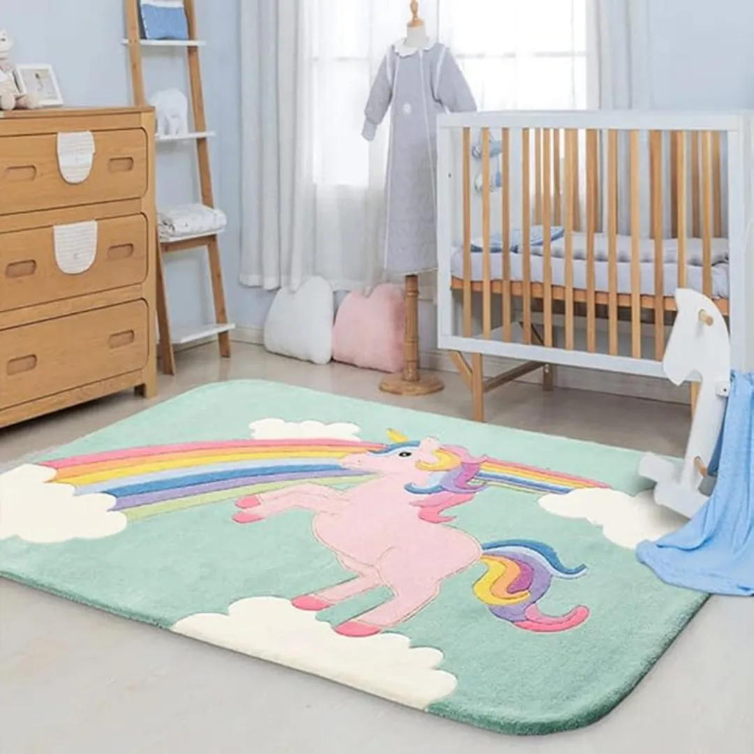 Skyfall Unicorn Area Rug Handmade Skyfall Unicorn Rug in pastel tones – playful kids’ wool rug for nurseries