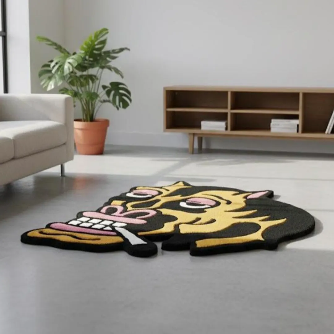 Smoky Rebel Inked Rug Tattoo-style rug with smoking character design in gold and black – Smoky Rebel Rug