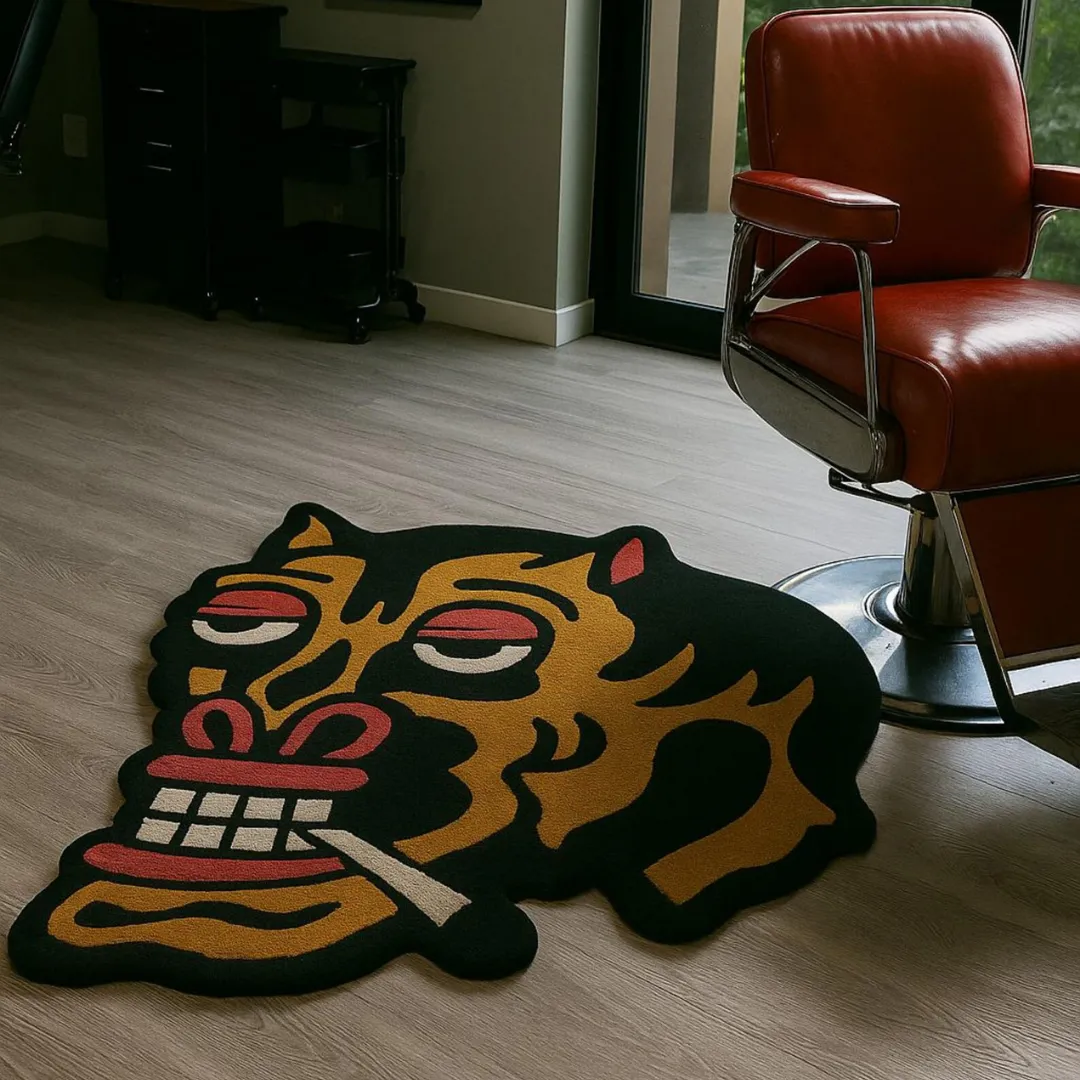 Smoky Rebel Tattoo Rug Hand-tufted wool rug showcasing rebellious tattoo art face – Smoky Rebel Rug by Sneagear