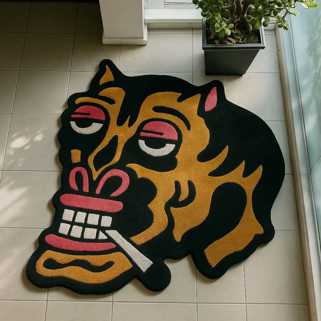Smoky Rug Tattoo-inspired decor rug featuring expressive character smoking design – Smoky Rebel Handmade Rug