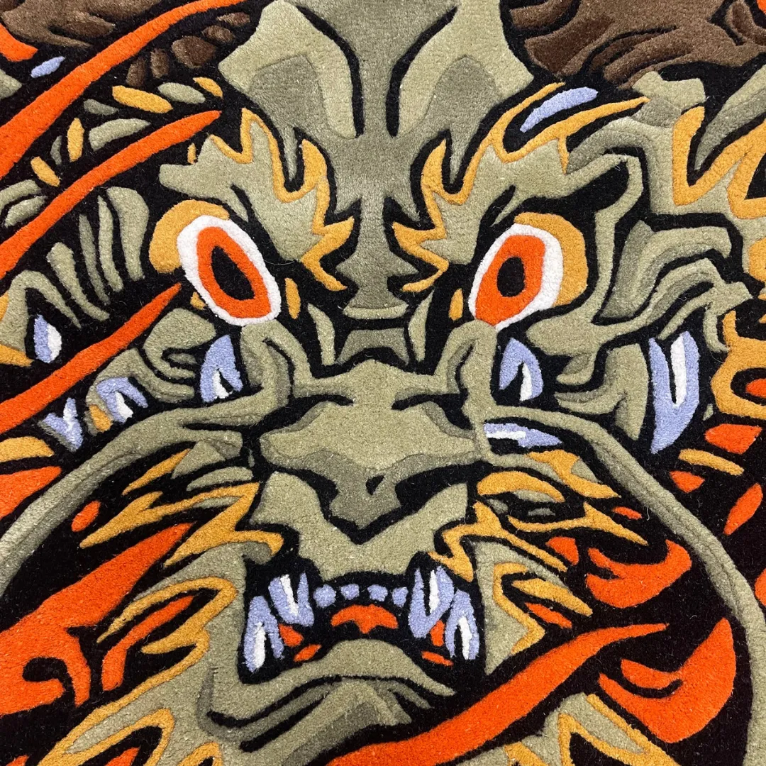 Spirit Rug Handmade wool rug with striking dragon head and orange fire accents – Hellfire Spirit Rug