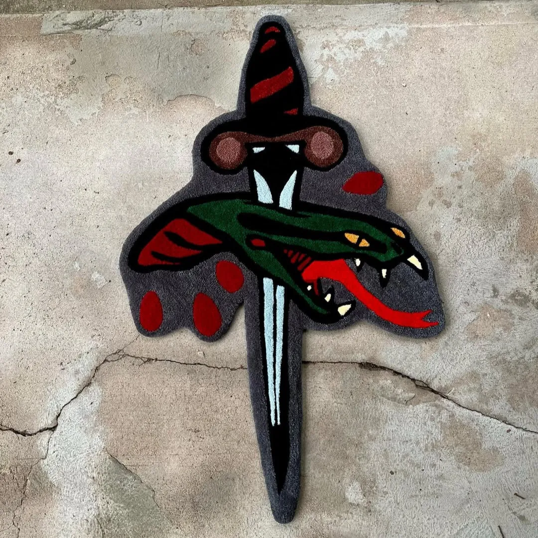 Viper Pierce Rug Tattoo-style rug with dagger piercing viper design in green and red – Viper Pierce Rug