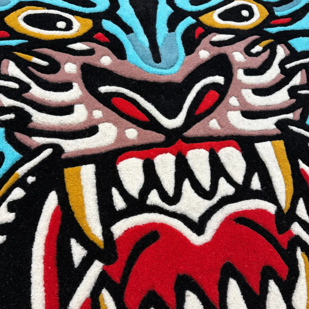 Zoom Blue Rug Handmade wool rug shaped like a tiger head with expressive tattoo art – Rebellion Rug