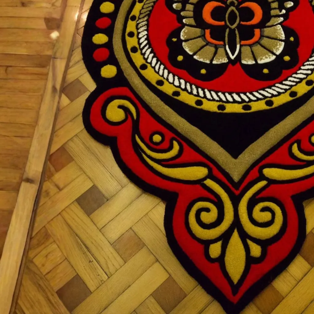 Ember Mane Rug Moth Design Close Up Angled close up shot of the Ember Mane rug highlighting the detailed tufting of the central moth motif and rope border.