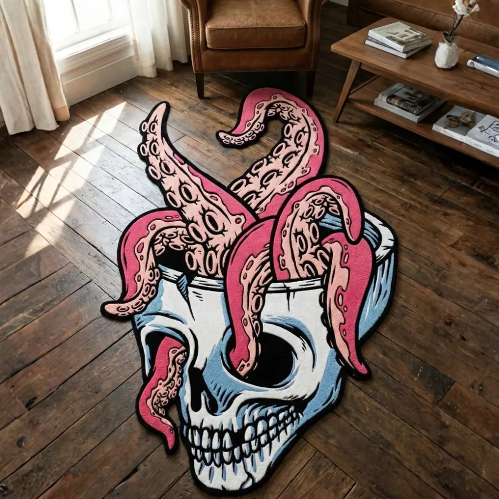 Octo Skull Custom Shape Rug Room Decor High angle view of the custom shaped Octo Skull rug featuring a white skull with pink octopus tentacles erupting from it, displayed on a wooden floor.