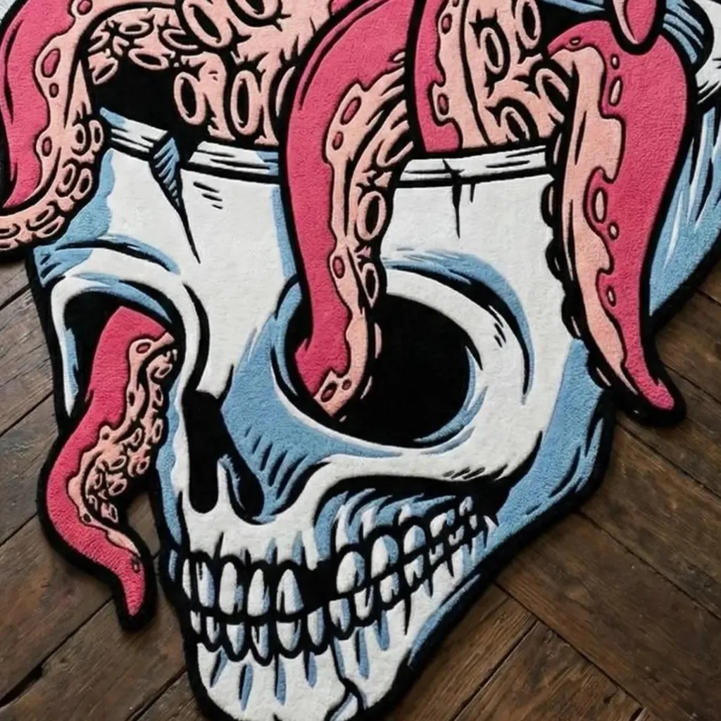Octo Skull Rug Pink Tentacles Texture Detail Close up texture shot of the Octo Skull rug showing the detailed tufting of the skull teeth and suction cups on the tentacles.