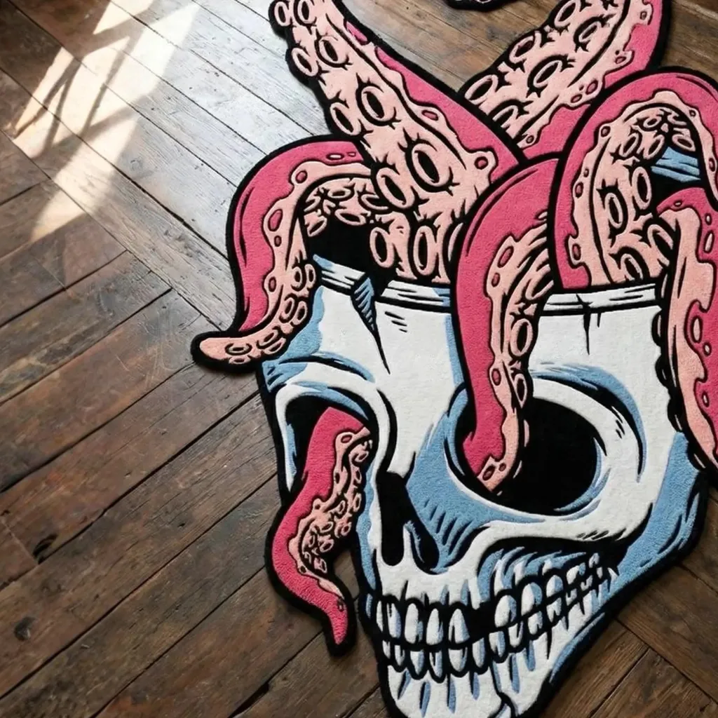 Skull and Octopus Tentacles Hand Tufted Rug Design Angled view of the Octo Skull rug highlighting the unique die cut shape and vibrant pink and blue colors.
