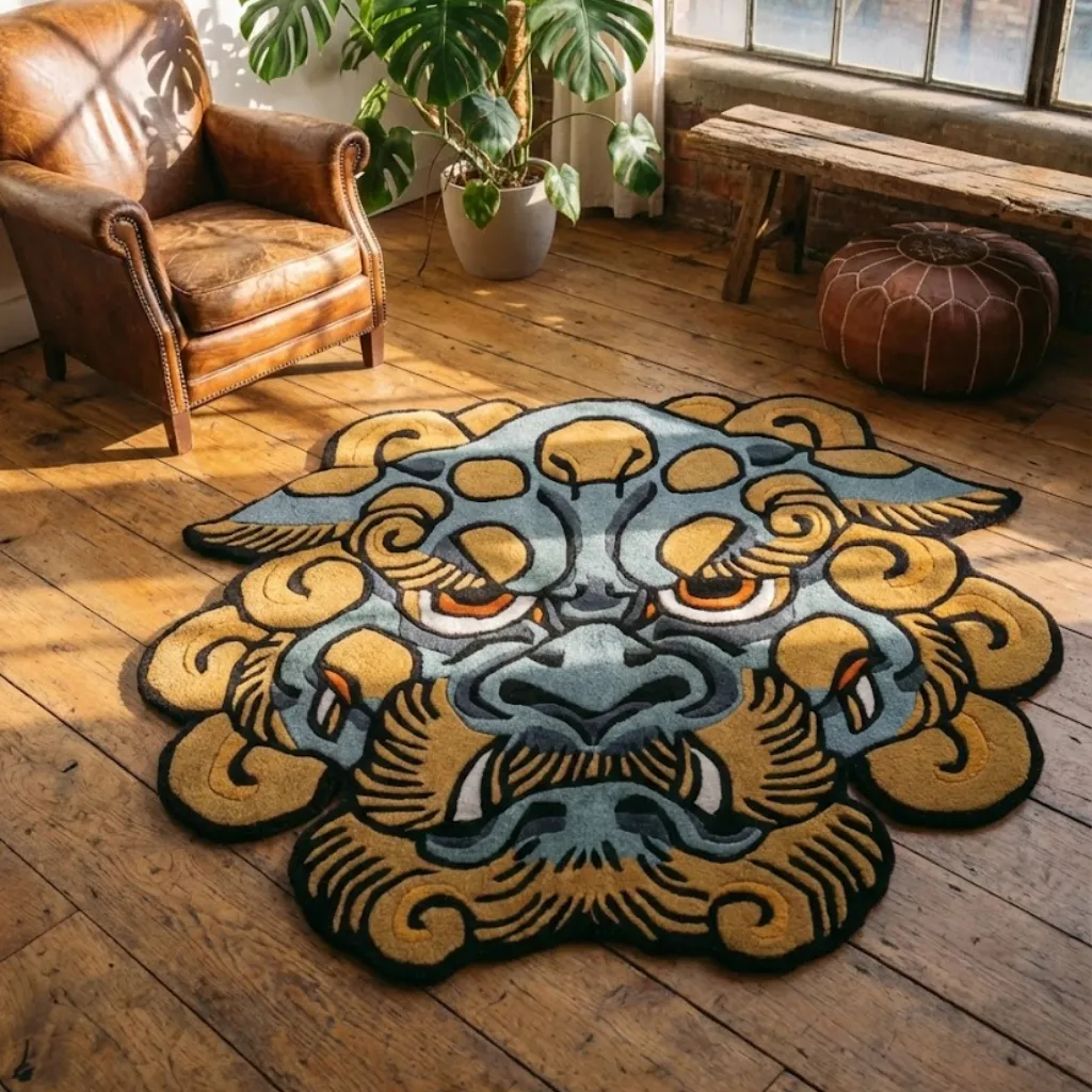 Blue Foo Dog Japanese Tattoo Rug Top down view of the Blue Foo Dog rug featuring a traditional Japanese tattoo style Lion Dog face in blue, grey, and yellow wool with bold black outlines.