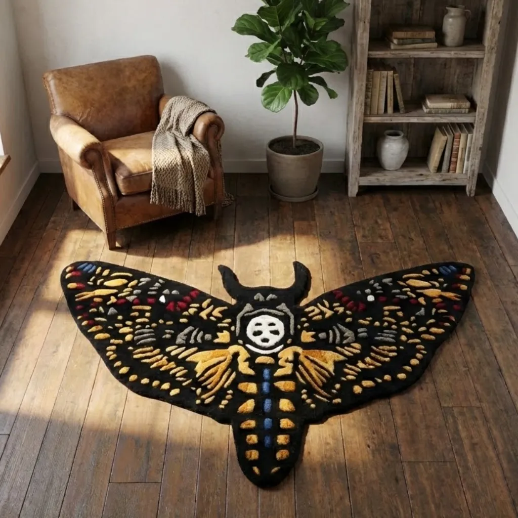 death head hawkmoth hand tufted wool rug living room Angled view of the Death Head Hawkmoth rug in a vintage-inspired living room with a leather armchair, highlighting the dense hand-tufted texture and bold butterfly design.