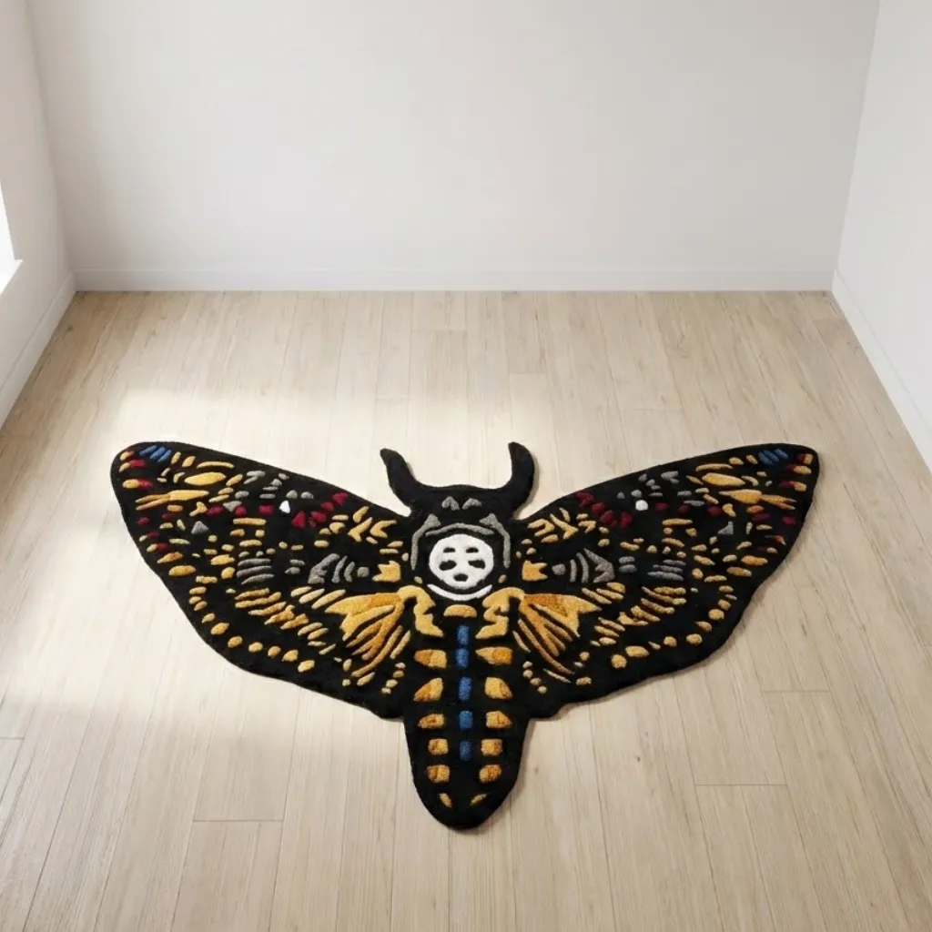 death head hawkmoth moth shaped rug High angle view of the Death Head Hawkmoth rug placed on a light wood floor, featuring a custom die-cut moth shape with a signature skull motif and vibrant yellow and blue wings on a black background.