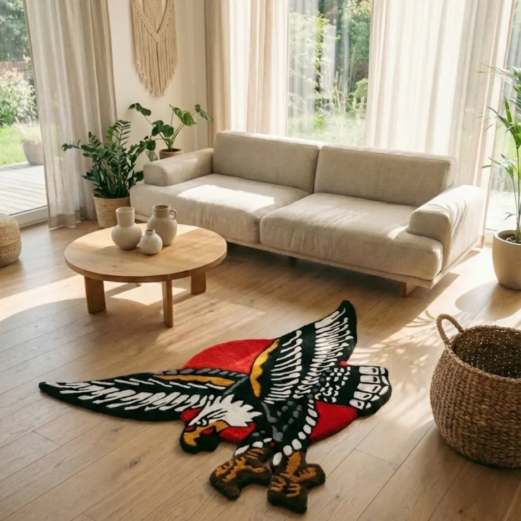 Flying Eagle Shaped Rug Living Room Decor High angle view of the American Eagle shaped rug placed on a light wooden floor in a sunlit living room, adding a bold retro tattoo aesthetic to a modern space.