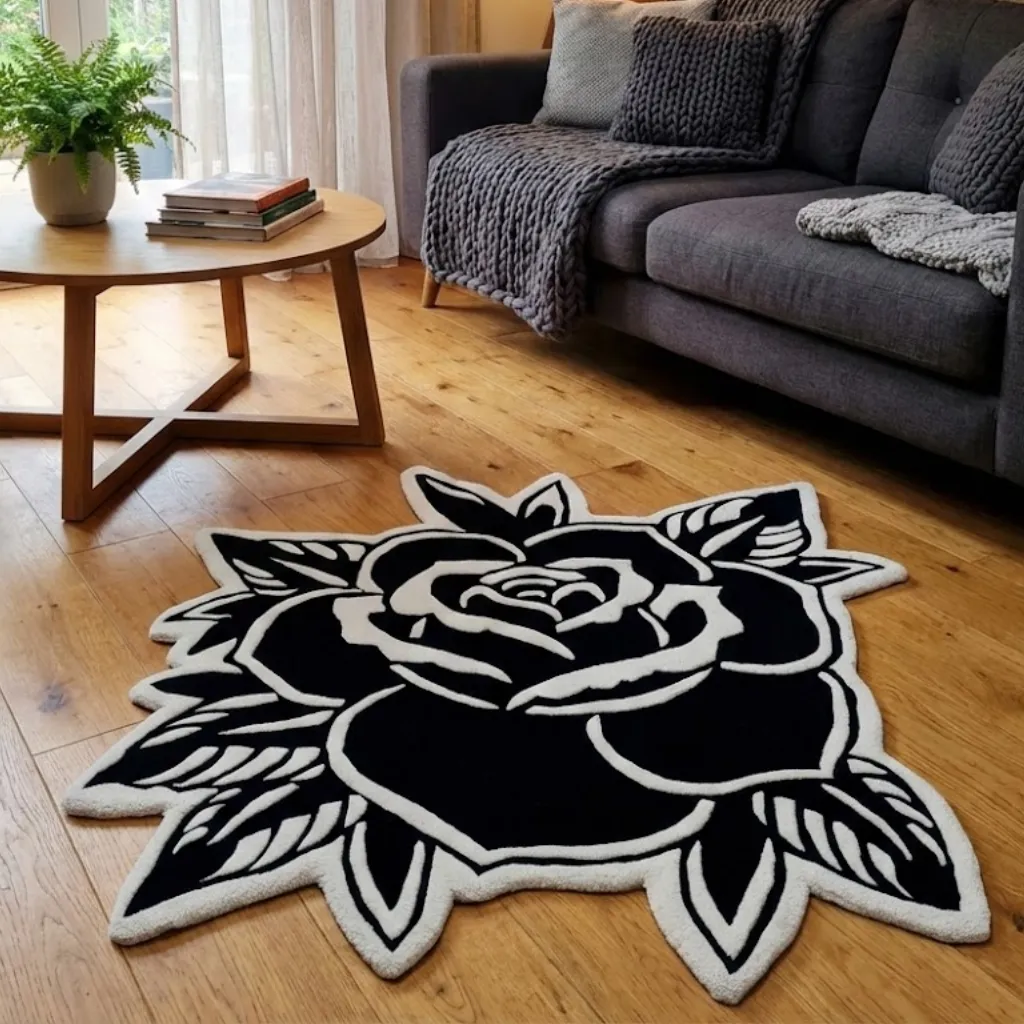 gothic black rose flower shaped rug High angle view of the Gothic Black Rose rug placed in a modern living room with a grey sofa, showcasing the custom die-cut shape and high-contrast white outlines.