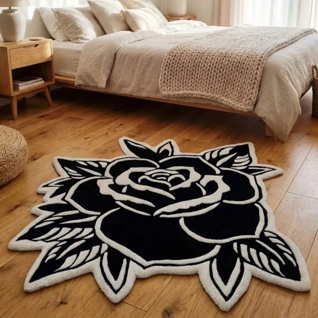 gothic black rose hand tufted wool rug bedroom Angled view of the Gothic Black Rose rug in a neutral bedroom setting, highlighting the plush hand-tufted wool texture and elegant dark floral aesthetic.