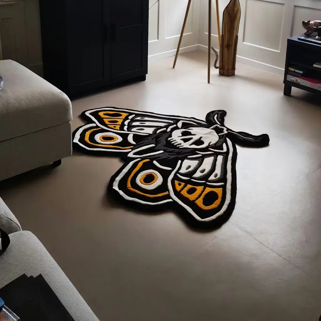 hand tufted death head moth rug Angled perspective of the hand tufted death head moth rug showing the custom die cut shape and dense wool texture on a tiled floor.