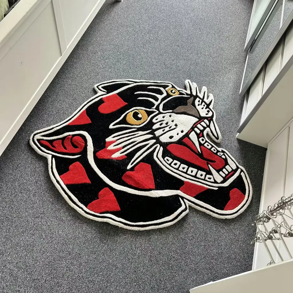 Panther Head Rug Wall Hanging Decor Angled view of the panther head rug placed on a floor, showcasing its unique die-cut shape and dense wool pile texture against white furniture.
