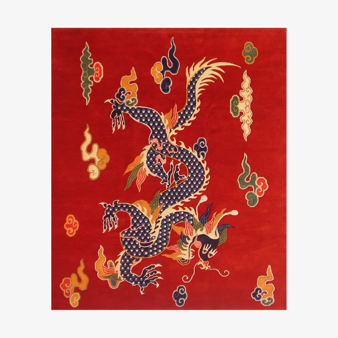 imperial flame hand tufted wool dragon rug design Top down view of the Imperial Flame rug, showcasing the detailed hand-tufted wool construction and the central Chinese-style dragon illustration in blue, orange, and green on a rich red field.