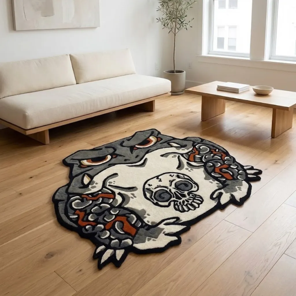kaeru no senshi skull frog shaped rug living room Eye level view of the Kaeru No Senshi rug in a modern minimalist living room, showcasing the custom die-cut shape and fierce warrior toad illustration.