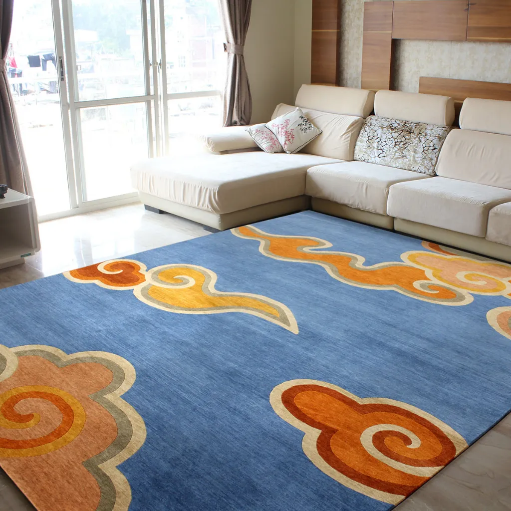 modern tibetan style cloud rug living room The Skybound Weave rug styled in a bright living room, adding a whimsical sky motif and warmth to the modern furniture and wooden floor.