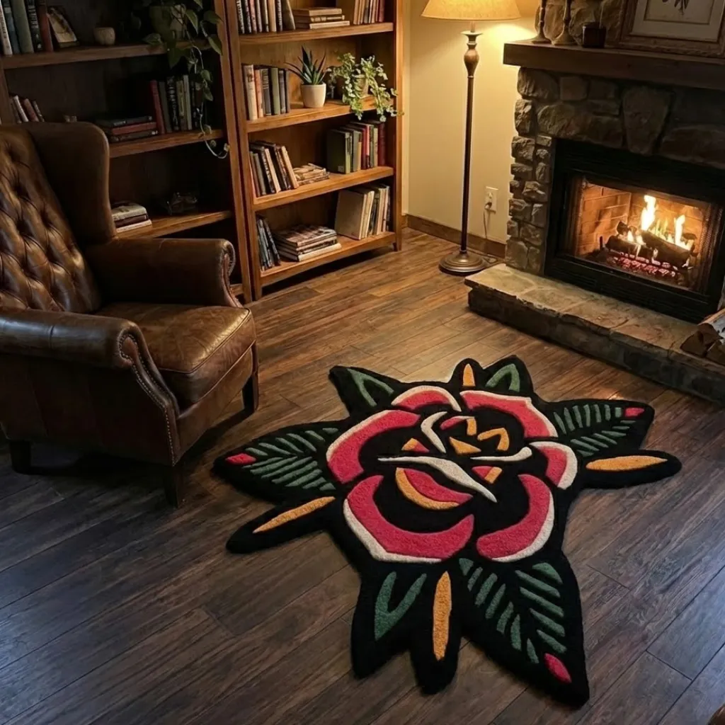 rebel scarlet inked traditional tattoo rose rug living room Angled view of the Rebel Scarlet Inked rug placed on a dark wood floor near a fireplace, featuring a bold traditional tattoo-style red rose design with green leaves.