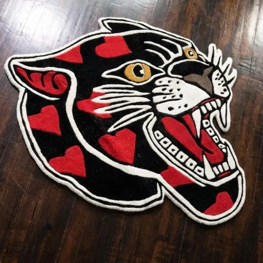 red panther head american tattoo style rug Top down view of a hand tufted rug shaped like a roaring black panther head filled with red hearts, featuring a classic American traditional tattoo aesthetic.