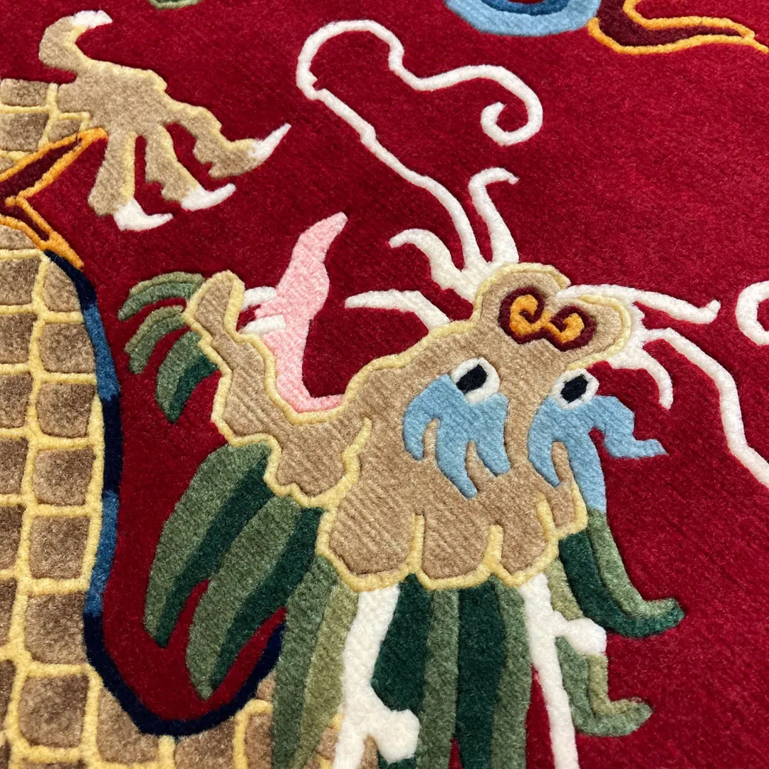 Sacred Triumph Rug Hand Tufted Texture Detail Extreme close up detail of the Sacred Triumph rug showing the dense hand tufted wool texture and the precise carving of the golden dragon's scales.