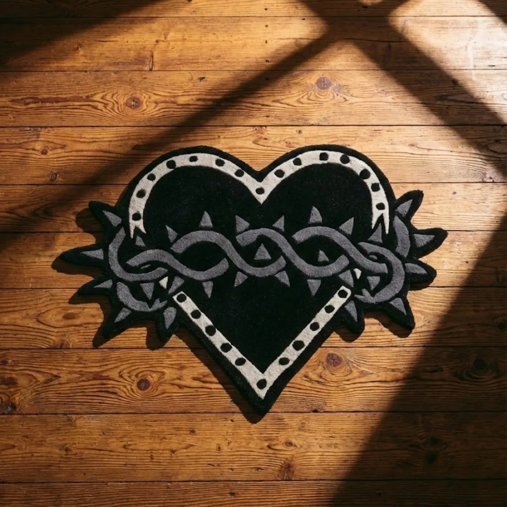 Thorned Heart Black Tattoo Style Rug Top down view of the Thorned Heart rug featuring a black heart shape wrapped in grey barbed wire thorns with a white studded border, inspired by American traditional tattoo art.