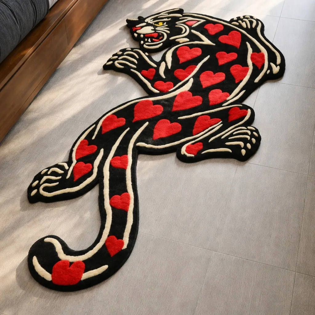 amour panther hand tufted wool tattoo rug design Angled view of the Amour Panther rug, highlighting the dense hand-tufted wool texture and the "Old School" tattoo aesthetic featuring stark black contrast against a rose-pink field.