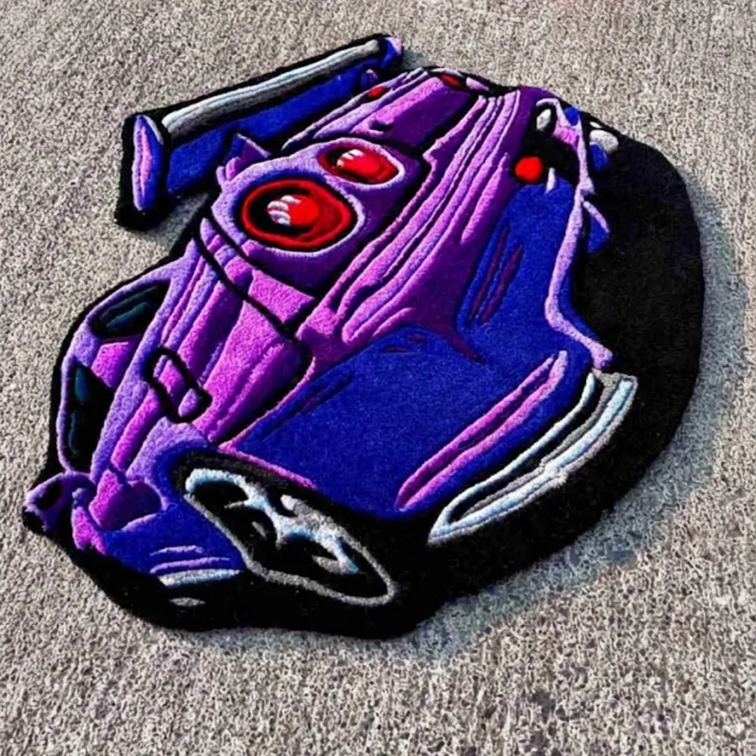 arrow crest rug drift car detail Angled side view of the Arrow Crest rug highlighting the precise hand-carved details of the wheels, exhaust, and side profile of the street racer design.