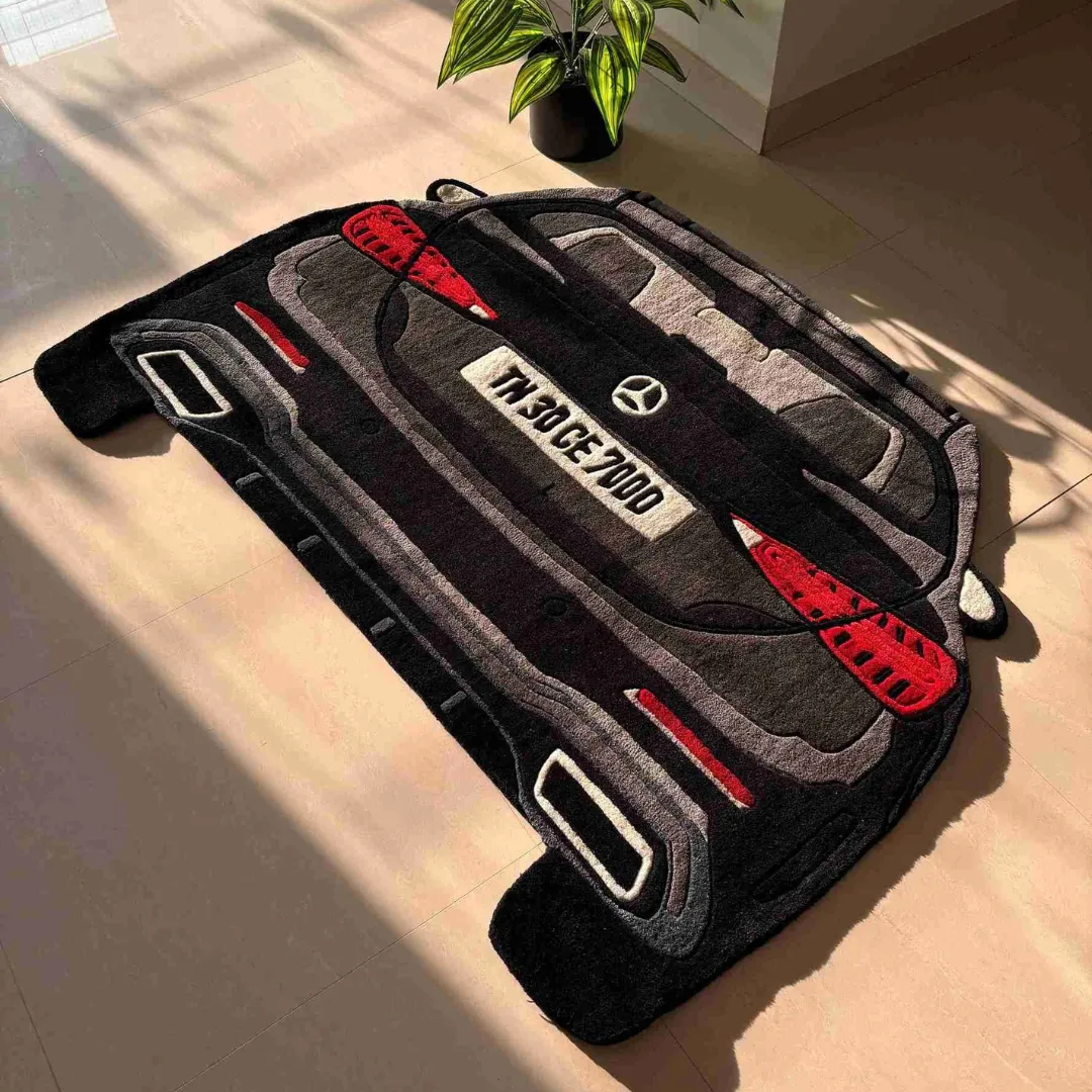 grand crest rug luxury car decor Angled perspective view of the Grand Crest rug on a tiled floor, showcasing the realistic automotive details like the dual exhaust pipes and license plate.