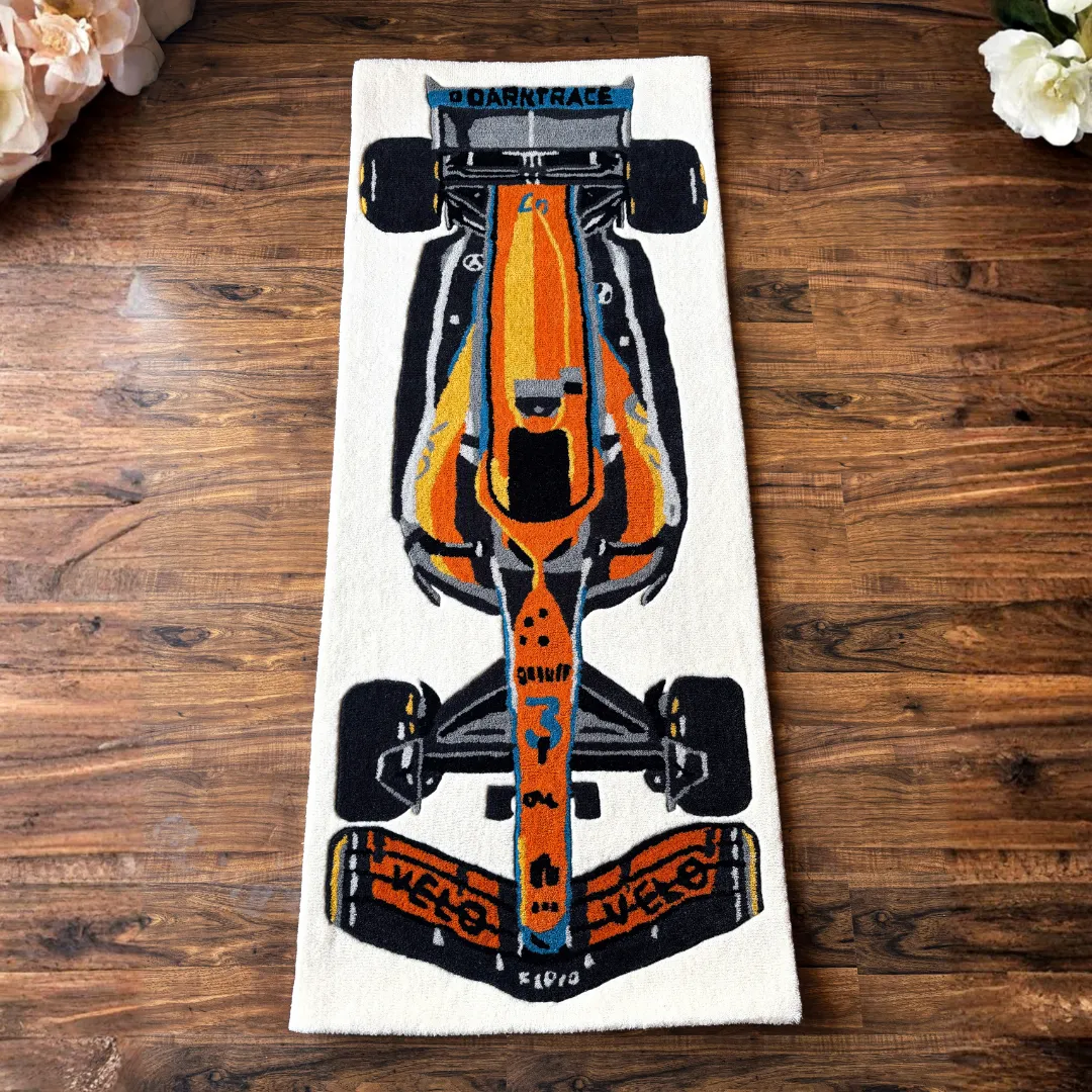 ignite rush formula 1 runner rug Full top-down view of the Ignite Rush runner rug showcasing the complete Formula 1 race car design in bold orange and blue tones.