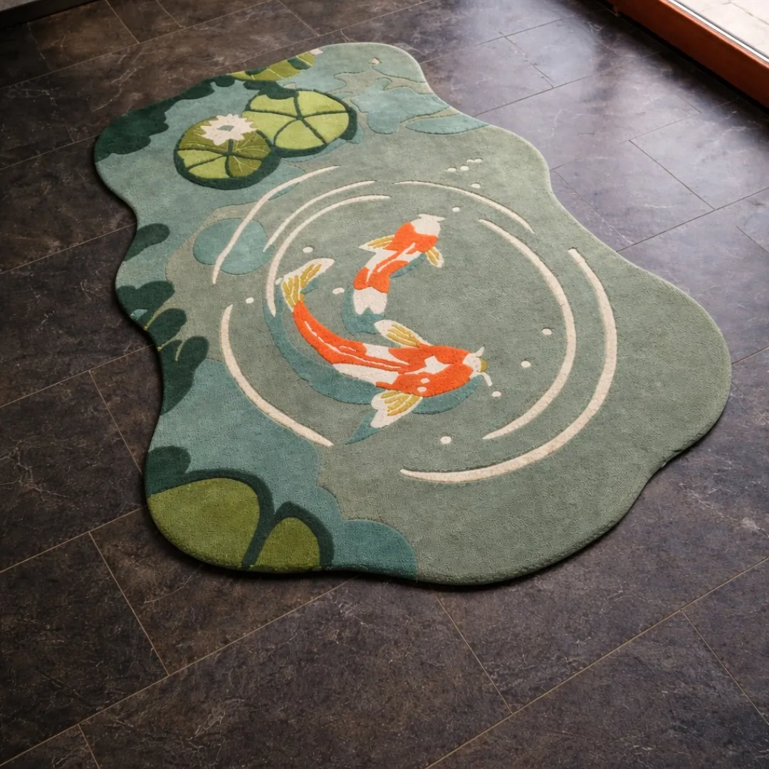 mizu garden koi pond irregular rug Top down view of the Mizu Garden rug featuring a unique organic pond shape with swimming orange koi fish, lily pads, and water ripples on a sage green wool background.