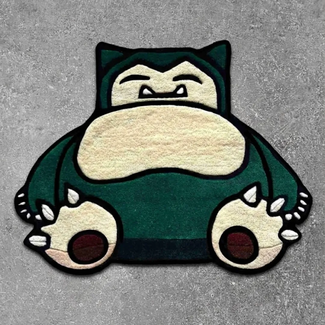 Nap Legend Anime Rug Top down view of the Nap Legend rug featuring a custom die-cut shape of the character in teal and cream hand-tufted wool.