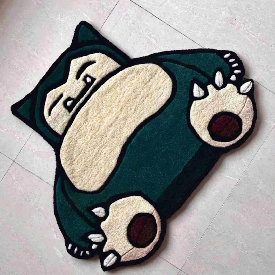 nap legend rug shaped floor decor Angled view of the Nap Legend rug on a tiled floor, showcasing its unique irregular shape and soft plush pile perfect for a gaming room or bedroom.