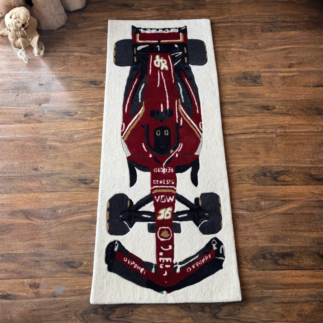 scarlet force red formula 1 runner rug Top down view of the Scarlet Force runner rug featuring a detailed illustration of a deep red Formula 1 race car with the number 16 and racing decals.